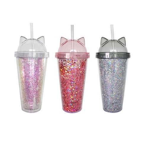 Sequin Kitty Straw Cup