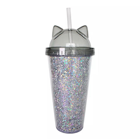 Sequin Kitty Straw Cup