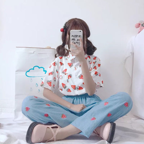 Washed Denim Strawberry Patch Pants