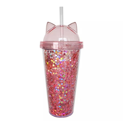 Sequin Kitty Straw Cup