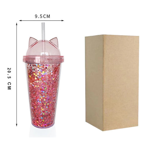 Sequin Kitty Straw Cup