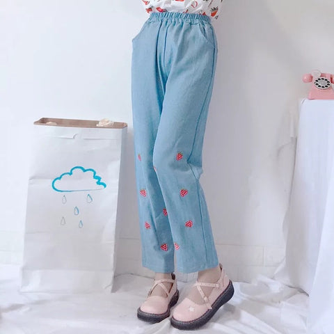 Washed Denim Strawberry Patch Pants