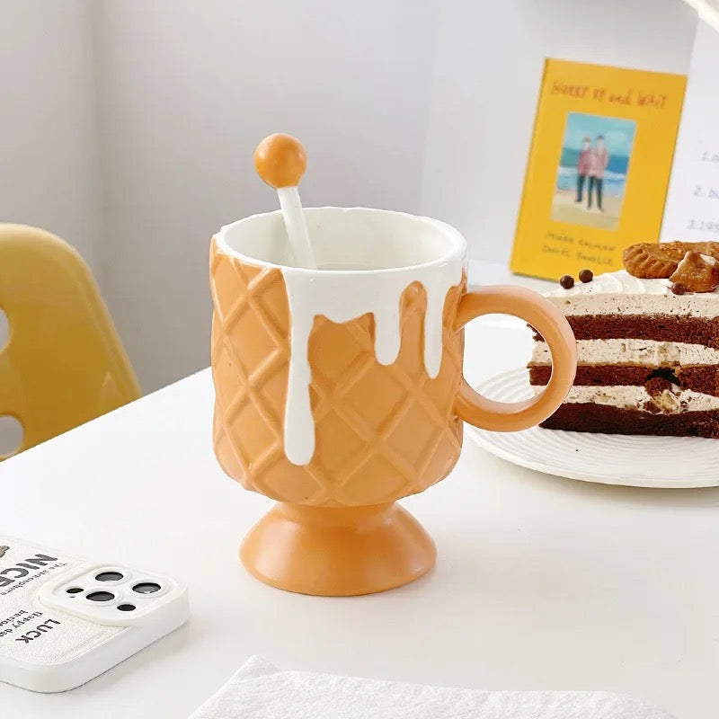 Ice Cream Cone Mug with Stirrer - Ceramic - Pink - Yellow - Orange