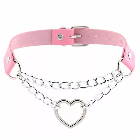 DDLGVERSE Vegan Leather Heart Chain Collar Pink
