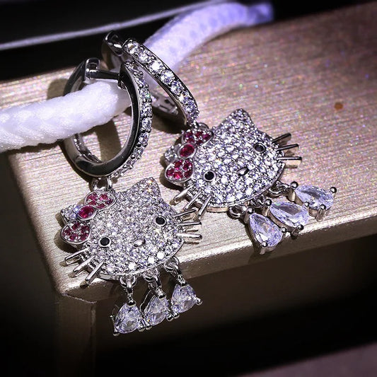 Cute Kitty Silver Plated Diamanté Earrings