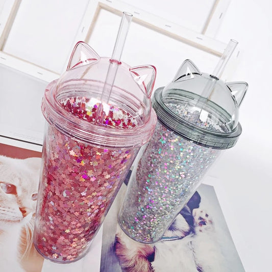 Sequin Kitty Straw Cup