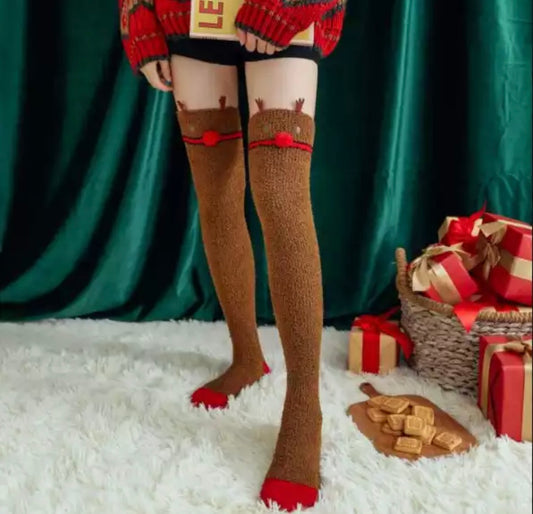 Fuzzy Reindeer Thigh High Socks