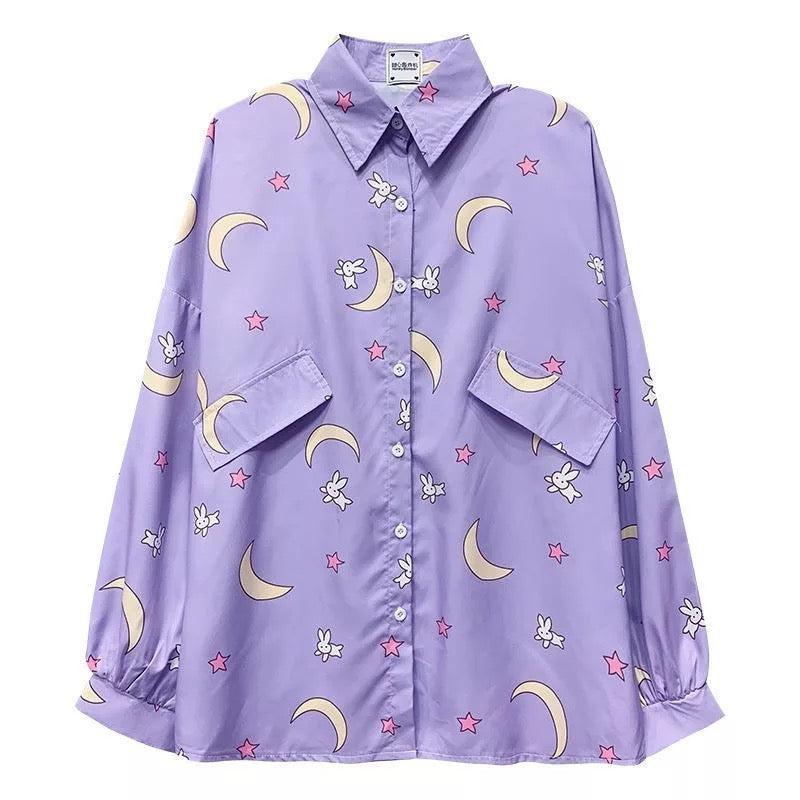 Kawaii Purple Moons Button Shirt
