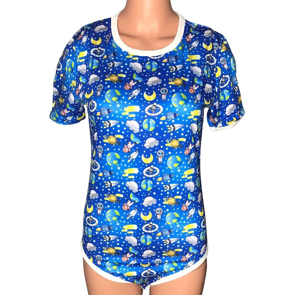 DDLGVERSE Outer Space Adult Onesie Front View on Mannequin