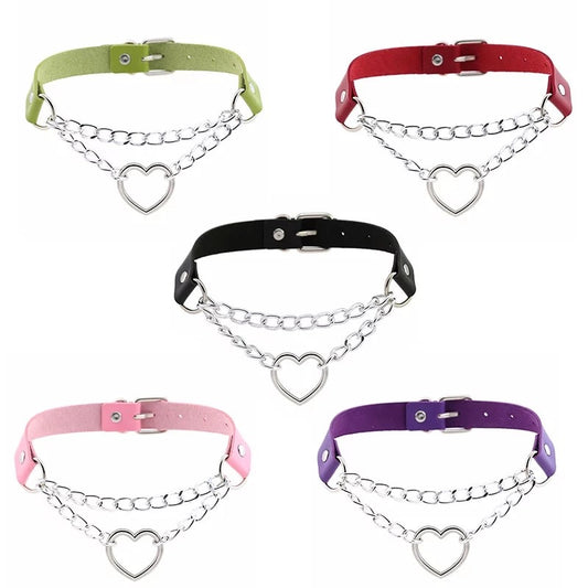DDLGVERSE Vegan Leather Heart Chain Collar Khaki, Red, Black, Pink, Purple