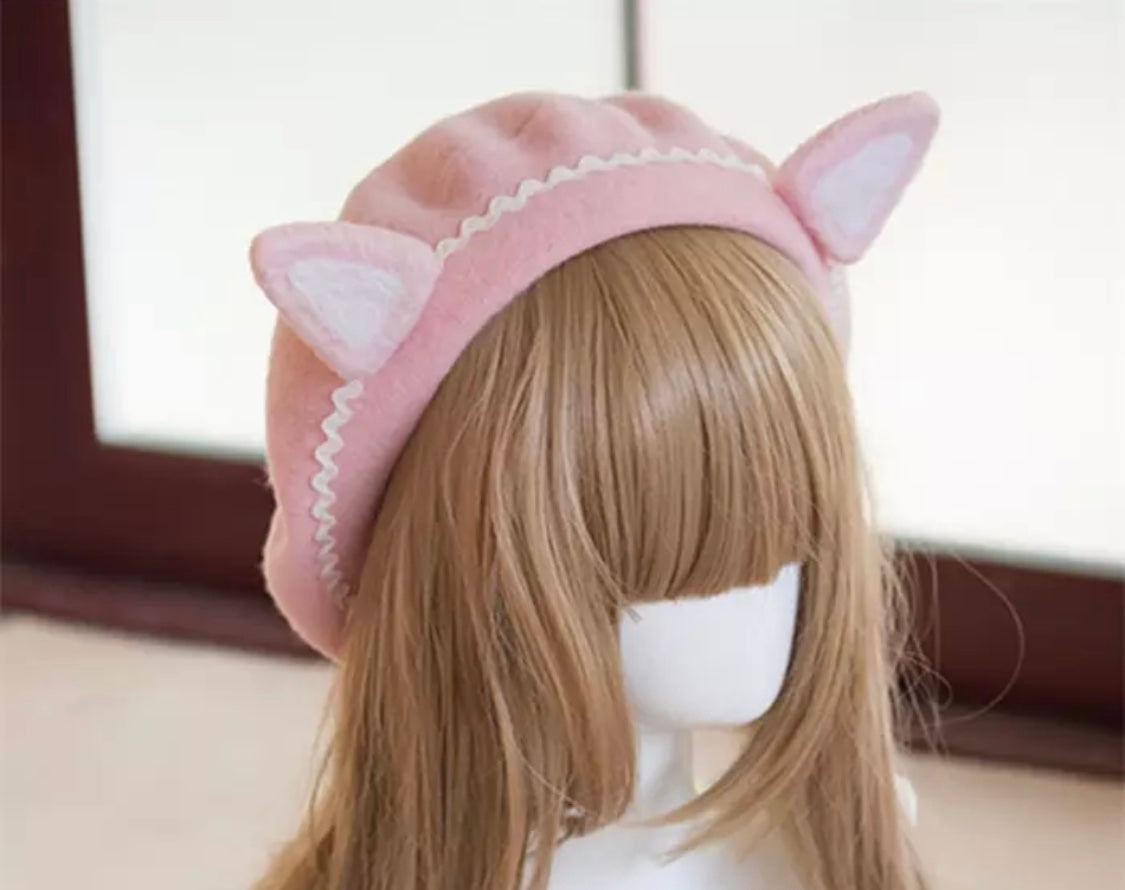 DDLGVERSE Kitten Ears Beret Pink Ears Front