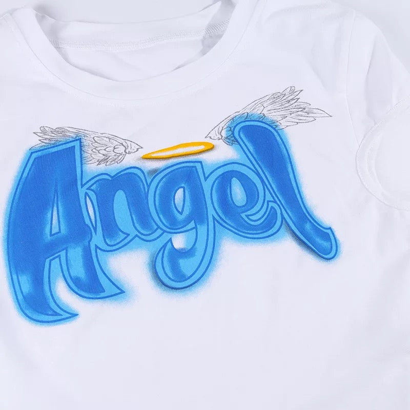 DDLGVERSE angel t-shirt blue text magnified