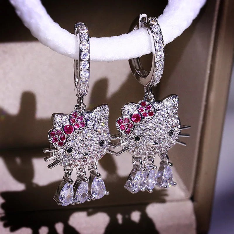 Cute Kitty Silver Plated Diamanté Earrings