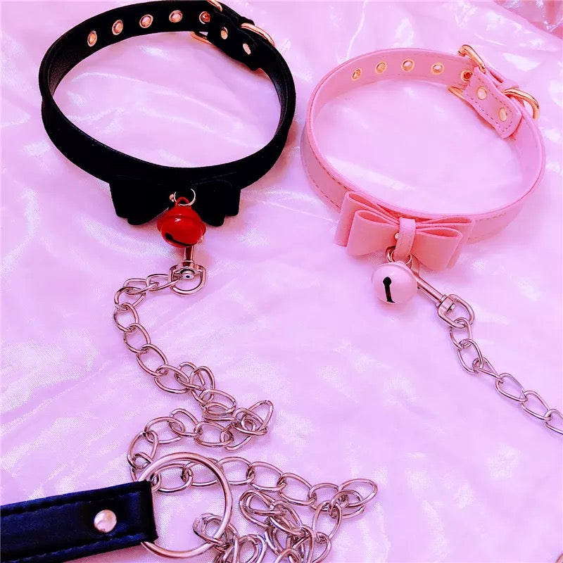 DDLGVERSE Bow Jingle Bell Collar & Leash Pink and Black