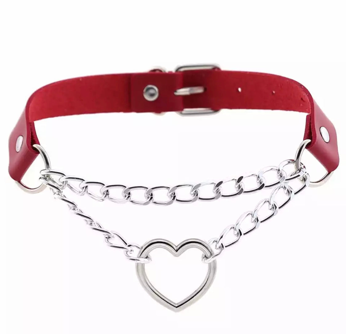 DDLGVERSE Vegan Leather Heart Chain Collar Red