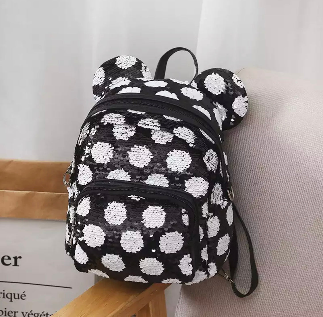 DDLGVERSE Mini Sequin Mouse Backpack Black with White Spots