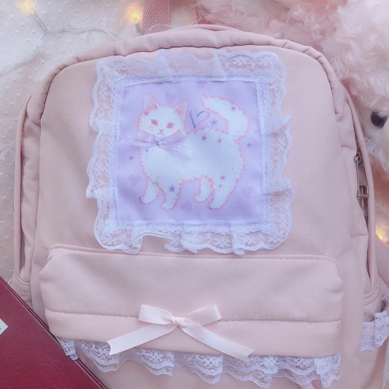 DDLGVERSE Pastel Lace Kitty Backpack Close Up of Kitty
