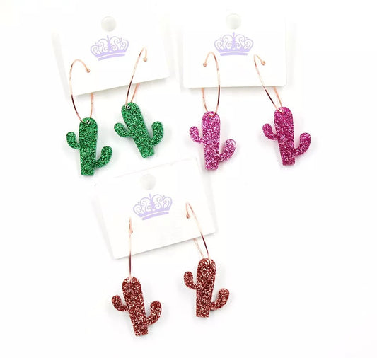 Glitter Cactus Hoop Earrings