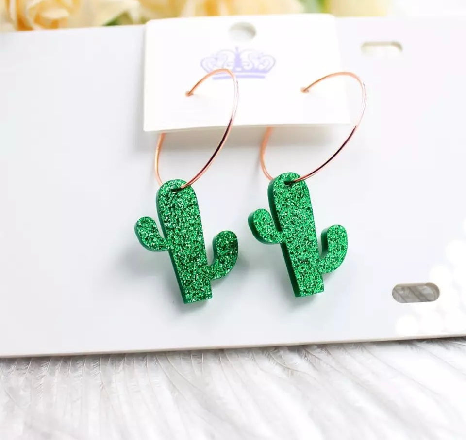 Glitter Cactus Hoop Earrings