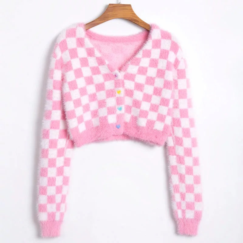 Pink Fluffy Checked Cardigans