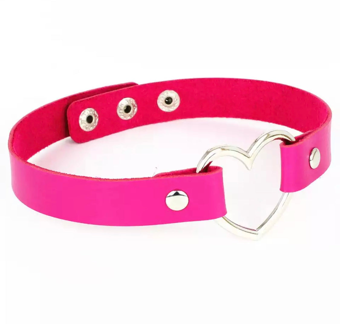 DDLGVERSE Vegan Leather Heart Ring Collar Hot Pink