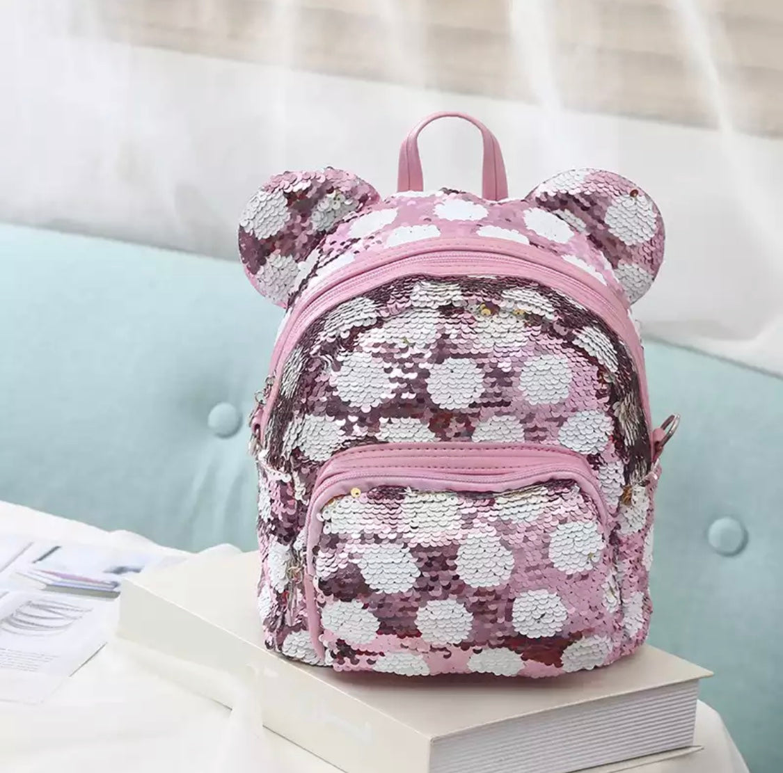 DDLGVERSE Mini Sequin Mouse Backpack Pink with White Spots
