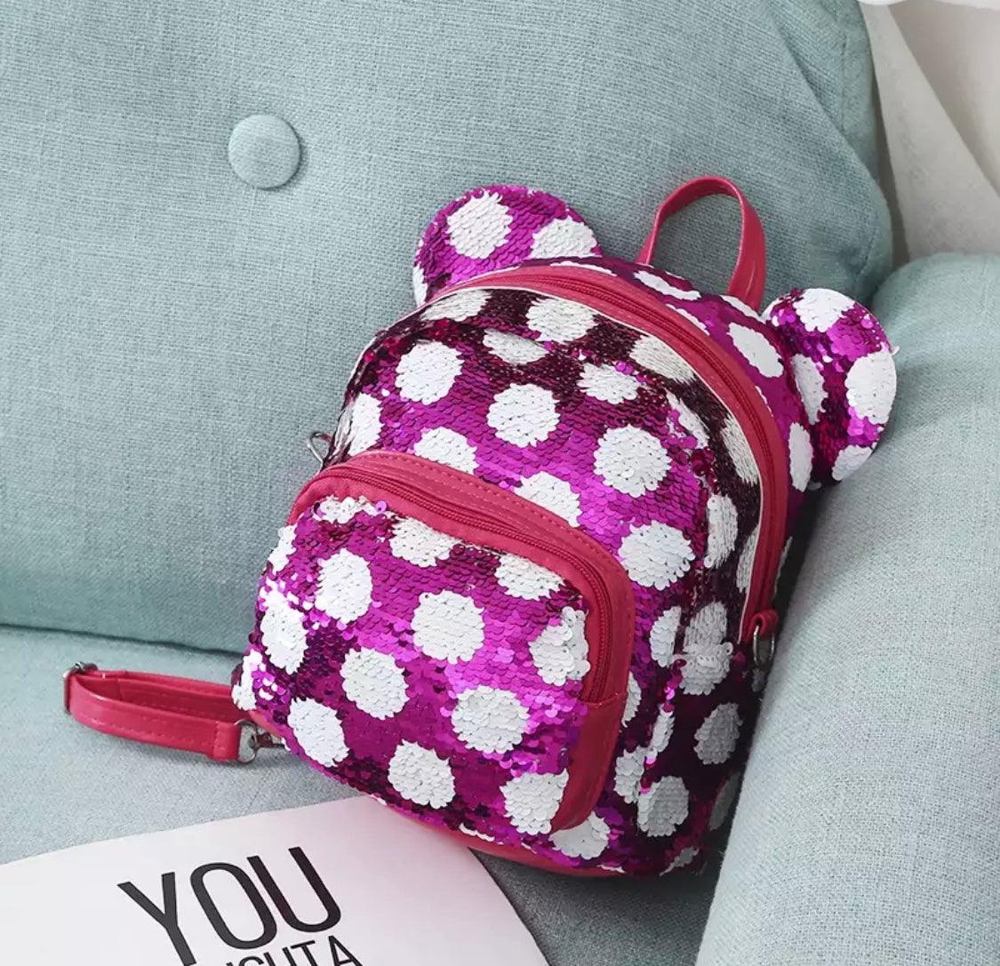 DDLGVERSE Mini Sequin Mouse Backpack Hot Pink and White Spots