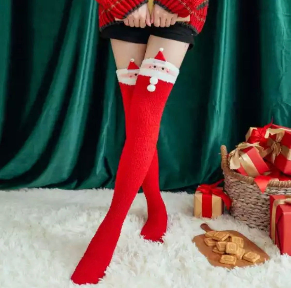 Fuzzy Santa Thigh High Socks
