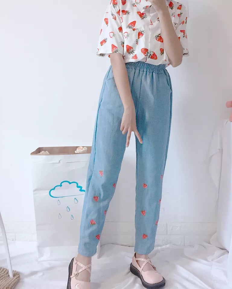 Washed Denim Strawberry Patch Pants