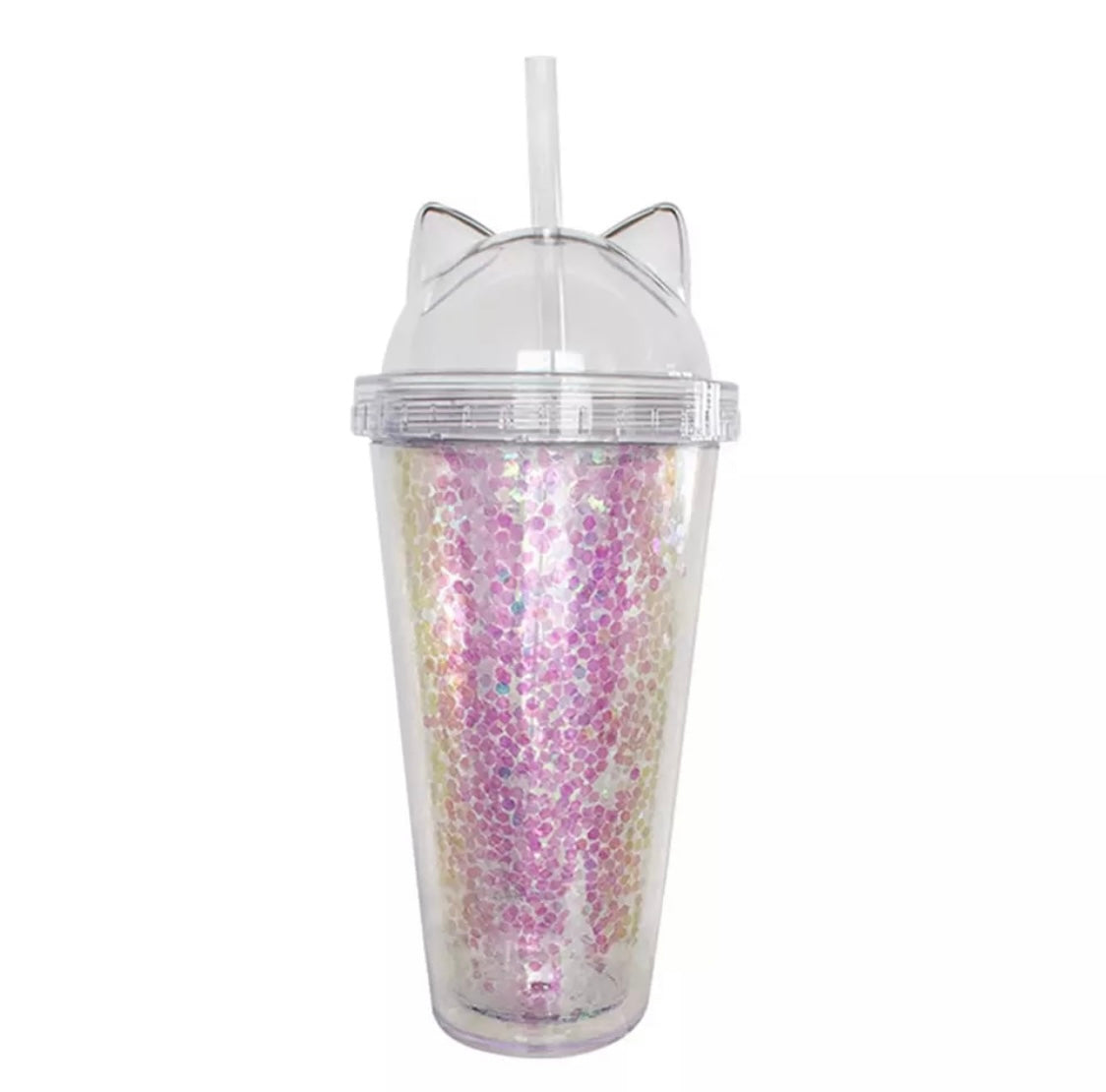 Sequin Kitty Straw Cup