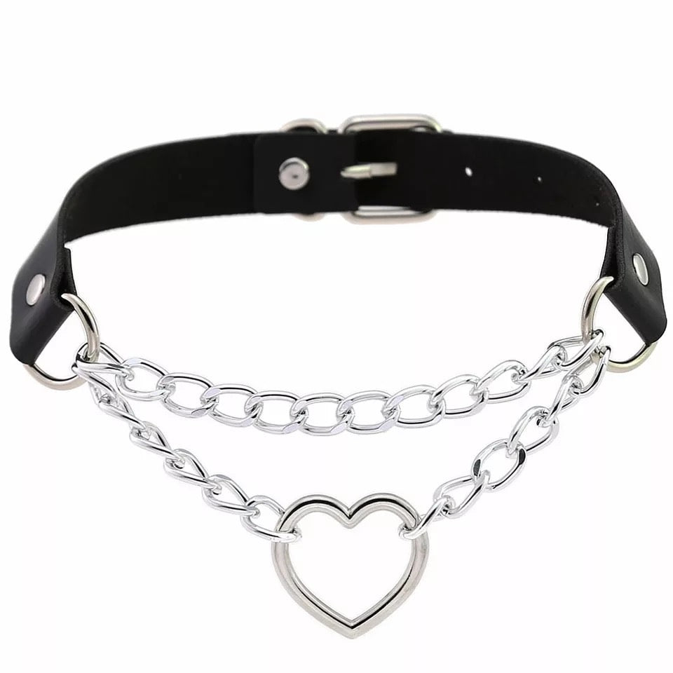 DDLGVERSE Vegan Leather Heart Chain Collar Black