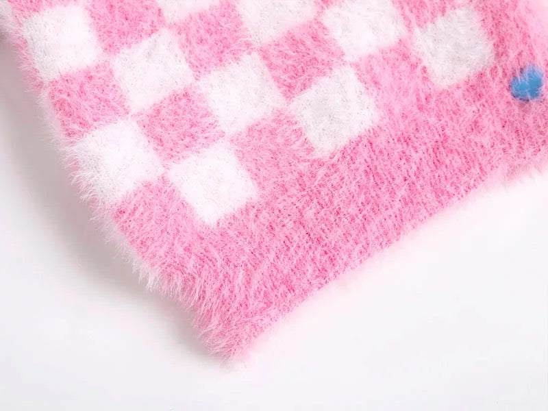 Pink Fluffy Checked Cardigans