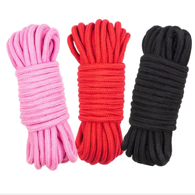 DDLGVERSE 10m Shibari Rope 3 bundles of each Pink rope (left), red rope centre) and black rope (right)