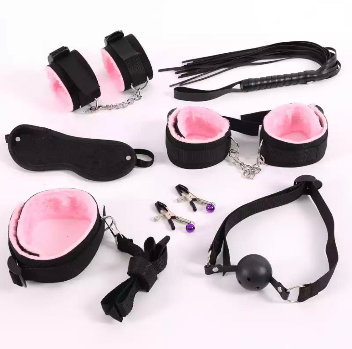DDLGVERSE 7pcs Bondage set; handcuffs, anklecuffs, flogger, blindfold, collar and leash, nipple clamps, ball gag in pink and black