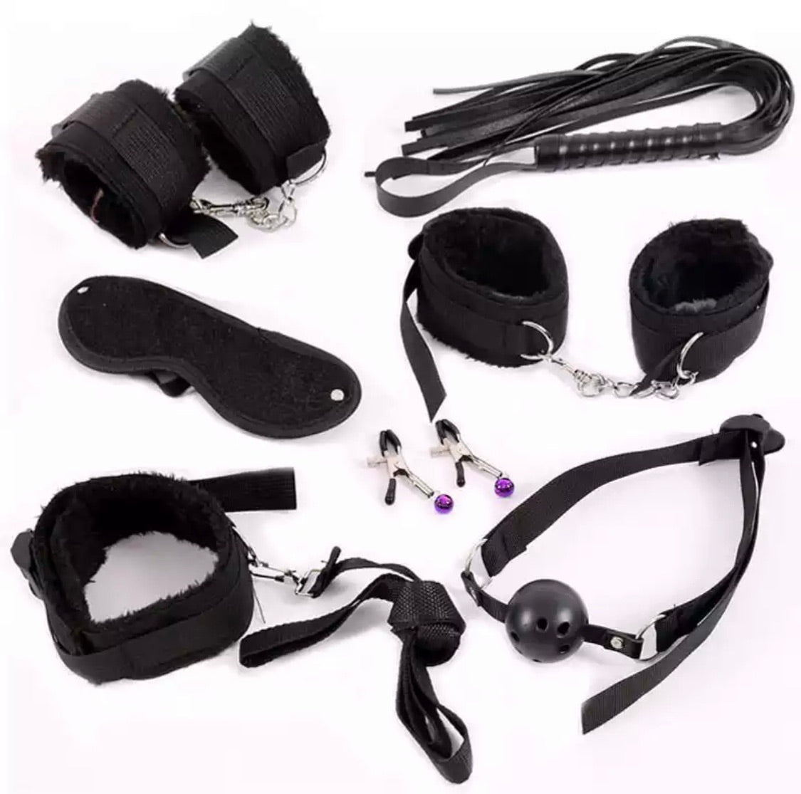 DDLGVERSE 7pcs Bondage set; handcuffs, anklecuffs, flogger, blindfold, collar and leash, nipple clamps, ball gag in black
