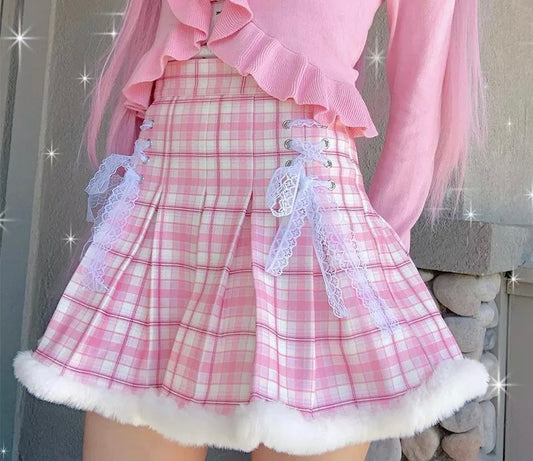 Pink Plaid Fur Lined Tennis Skirt