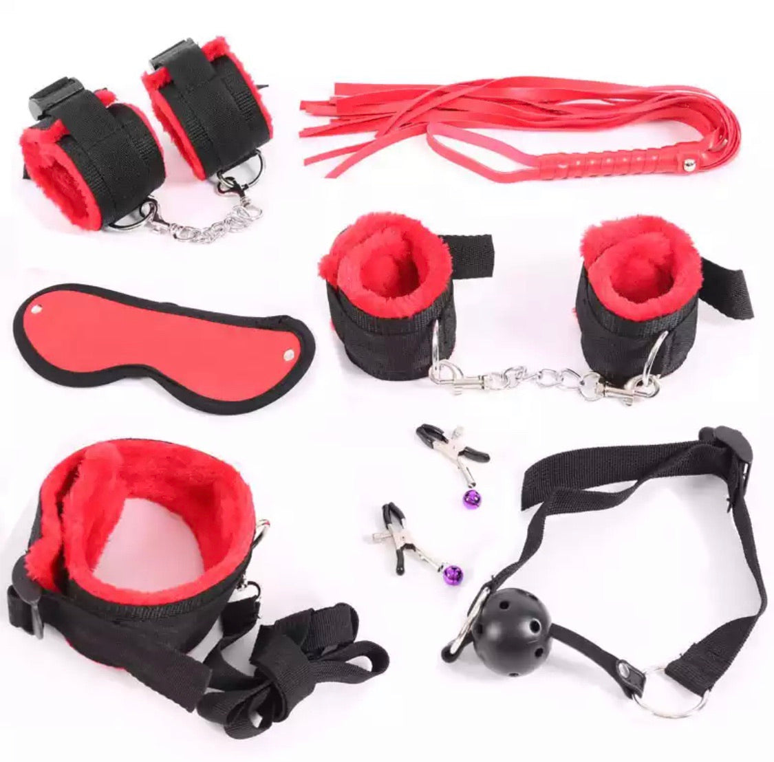 DDLGVERSE 7pcs Bondage set; handcuffs, anklecuffs, flogger, blindfold, collar and leash, nipple clamps, ball gag in red and black